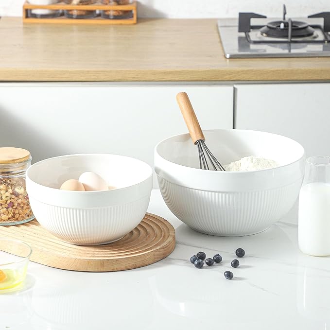 Ceramic Large Mixing Bowls for Kitchen, Set of 2 Big Serving Bowls for Cooking, Popcorn, Salad, Soup, Baking, Dough Bread Making Bowl, 10 inch + 8 inch, White