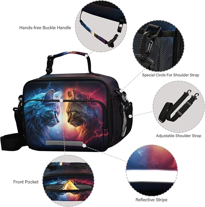MNSRUU Student Lunch Bag Cat Lightning Insulated DinnerTotes Picnic Bag Lunch Box with Adjustable Shoulder Strap for Teen Kids Adults