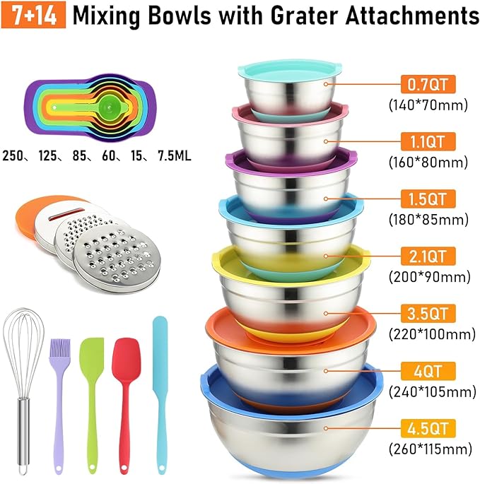 Sentk Mixing Bowls with Lids Set, 21 PCS Stainless Steel Mixing Bowls with 3 Grater Attachments, Food Storage Nesting Mixing Bowl with Non-Slip Bottoms, Mixing Bowl Set Great for Mixing & Serving
