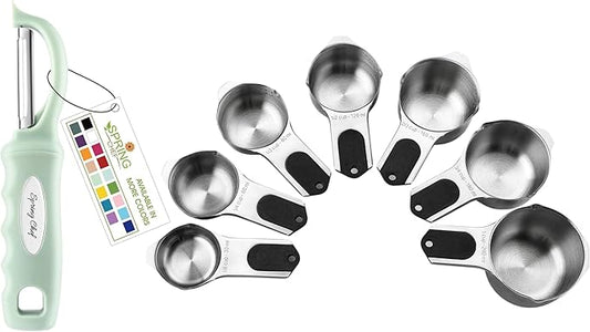 Spring Chef Premium Swivel Vegetable Peeler, Pistachio & Stainless Steel Magnetic Measuring Cups, Set of 7, Black - 2 Product Bundle