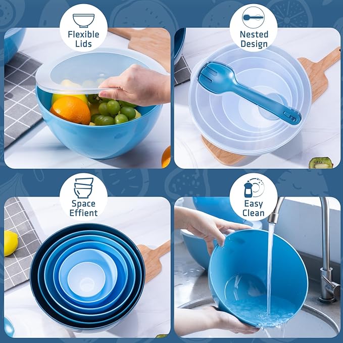 LUXEAR Mixing Bowls with Lids Set, 14 Pieces Plastic Nesting Bowls Includes 6 Prep Bowls, 6 Lids, 2 Cooking Spoons(Can Convert into Tongs), Microwave Dishwasher Safe for Mixing Serving Baking Storing