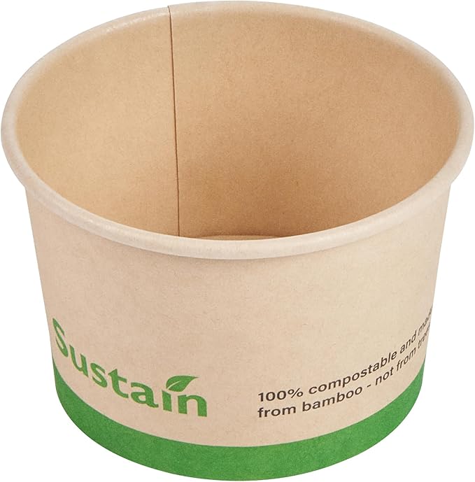 Restaurantware-Sustain 4 Ounce Paper Soup Containers, 50 Disposable Ice Cream Cups - Lids Sold Separately, With PLA lining, Bamboo To Go Hot Soup Bowls, Compostable, Greaseproof