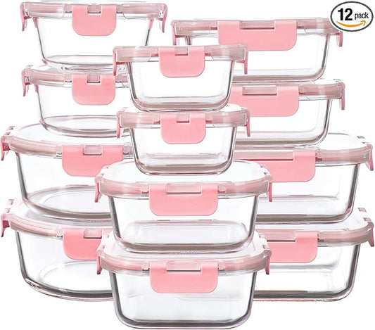 12 Pack Glass Storage Containers with Lids, Leak-Proof Meal Prep Containers, Dishwasher/Microwave/Oven/Freezer Safe Glass Food Storage Containers for Leftovers, to Go