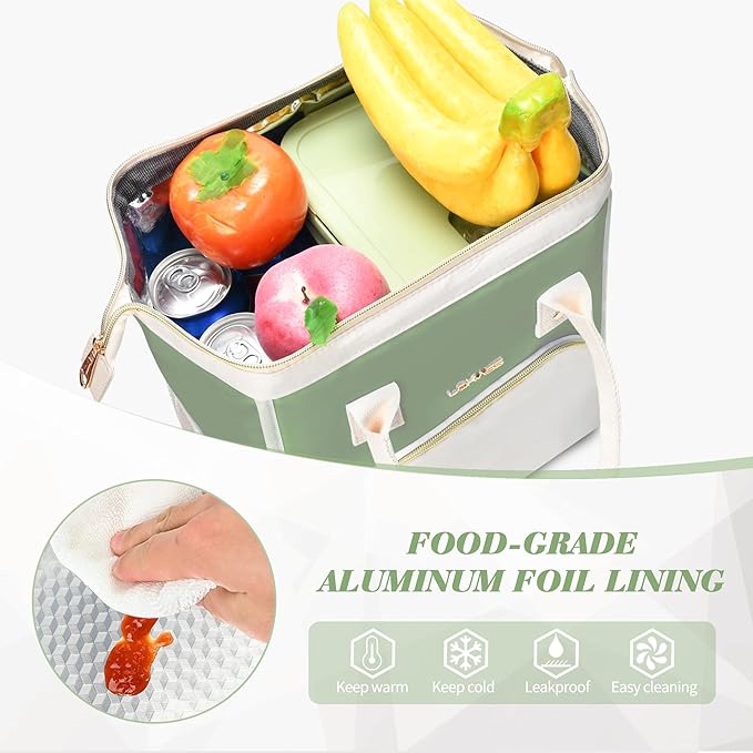 LOKASS Lunch Bag Women Insulated Lunch Box, Wide-Open Lunch Tote Bag Leak-proof Cooler Bag for Work Picnic-（Olive Green）