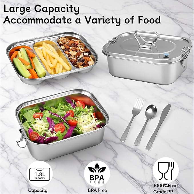 304 Stainless Steel Bento Box Leakproof 3-Compartment Tray, 1800ml Stainless Steel Lunch Box with Airtight Valve Handle, Including Utensil Set (Fork/Knife/Chopsticks) for Travel, Work.