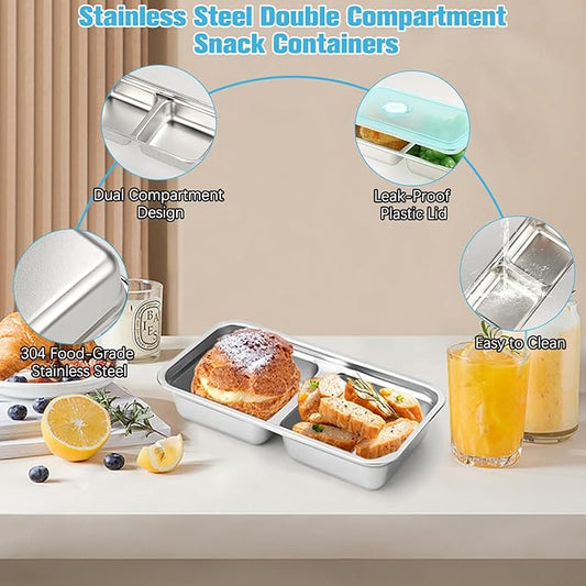 Grab and Go Snack Containers, Stainless Steel Double Compartment Snack Containers with Lids, Reusable Condiment Container-Dishwasher Safe,Travel & Outdoor Camping Food Storage (2pcs)