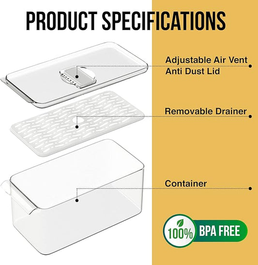 Produce Saver Containers for Refrigerator, Food Fruit Vegetables storage, 3 Pcs Stackable Freezer Fridge Organizer, Fresh Keeper Drawer Bin Basket with Vented Lids & Removable Drain Tray