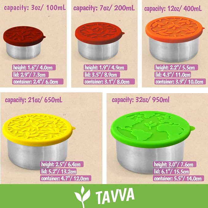 Stainless Steel Containers with Lids [Set of 5] - Leakproof Stainless Steel Food Storage Container - Nesting Snack Holders - Snack Containers For Kids - Lunch Box for Kids - Metal Lunchbox