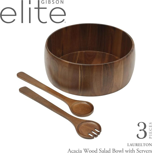 Gibson Home Laurelton 3 Piece Large 13" Acacia Wood Salad Serving Bowl Set w/ 2 Serving Tools