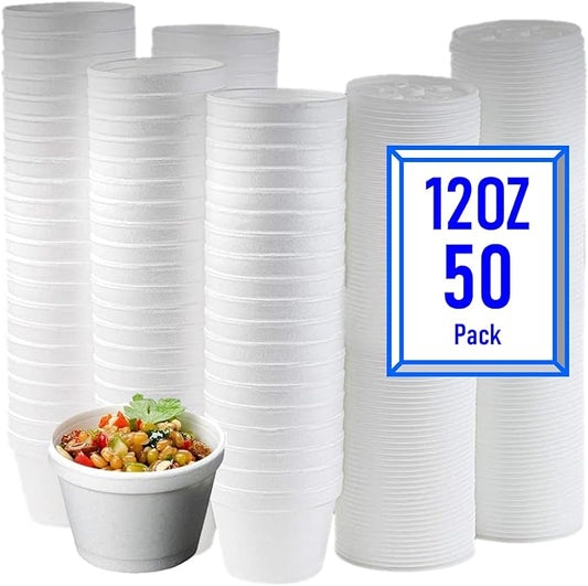 Mr Miracle Foam Bowl with Lid for Hot and Cold Foods – 12 Ounce Disposable Soup Container with Vented Lid, Great for Ice Cream, Yogurt, Soup, Takeout [50 pack]