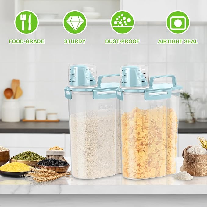 TBMax Rice Container Cereal Storage Container 2 Pack 5 Lbs, Plastic Kitchen Pantry Food Storage Container with Cup, Small Pet Dog Cat Food Container Dispenser -Blue