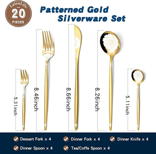 Gold Silverware Set with Pattern 20 Piece, Stainless Steel Flatware Sets for 4, LaienLife Unique Utensils Set with Forks Spoons Teaspoon, Home Party Kitchen Cutlery, Mirror Polished Dishwasher Safe