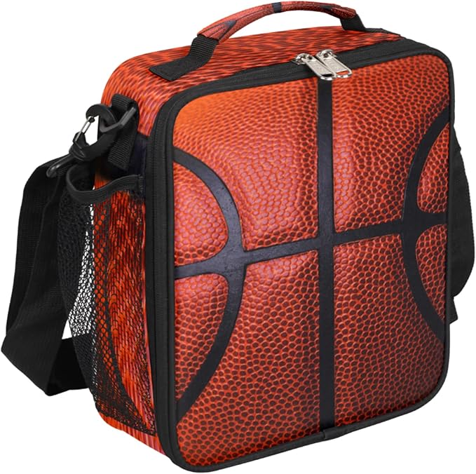 Basketball Sport Kids Lunch Box Basketball Texture Insulated Lunch Bag Tote for Girls Boys, Cooler Freezable Meal Prep Bag with Shoulder Strap Waterproof Lunch Container for School Office Picnic
