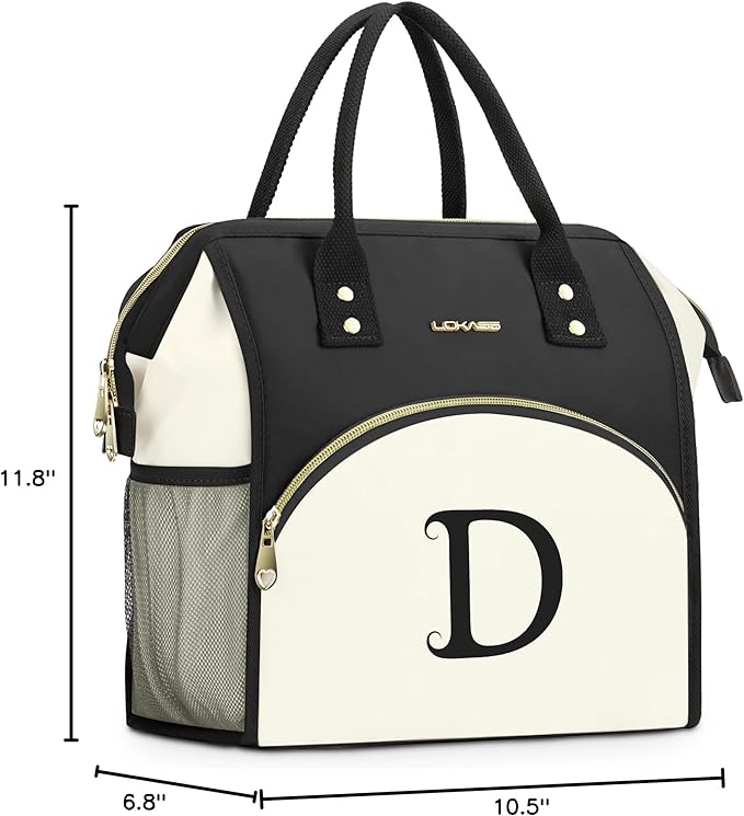 Personalized Lunch Bag for Women, Preppy Reusable Insulated Initials Lunch Box Gift for Friend Large Wide-Open Water Resistant Adult Cooler Tote Bag for Work, Travel, Picnic - Black D
