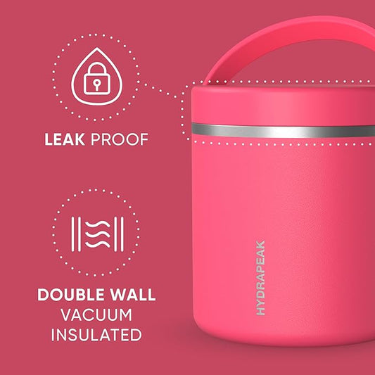 Hydrapeak 25oz Stainless Steel Vacuum Insulated Thermos Food Jar for Hot Food and Cold Food, Wide Mouth Leak-Proof, 10 Hours Hot and 16 Hours Cold (Hot Pink)