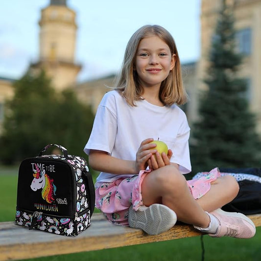 Tilami Lunch Bags Insulated Adjustable Strap Zipper, Two Compartments Cooler Bags, Bento Bags for Kids Toddlers, Unicorn Cute