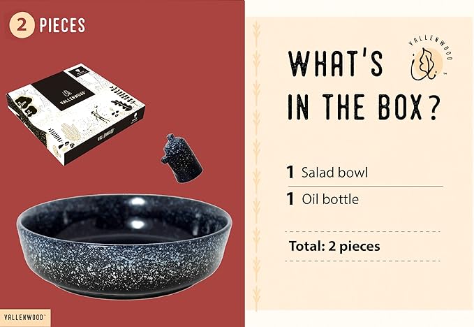 Extra Large Salad Serving Bowl, 11 inch. Big Ceramic Navy Dark Blue Pasta bowl Plus Oil Bottle. 95 oz. Beautiful And Elegant Huge Design. Giant Mixing and Fruit Bowls