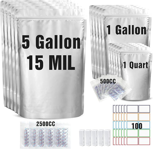 15 Mil 5 Gallon Mylar Bags for Food Storage with 2500cc Oxygen Absorbers - 55 Pack Mylar Bags 5 Gallon,1 Gallon,1 Quart 3 Size, 100 Pcs Labels and 500cc Oxygen Absorbers for Long Term Food Storage