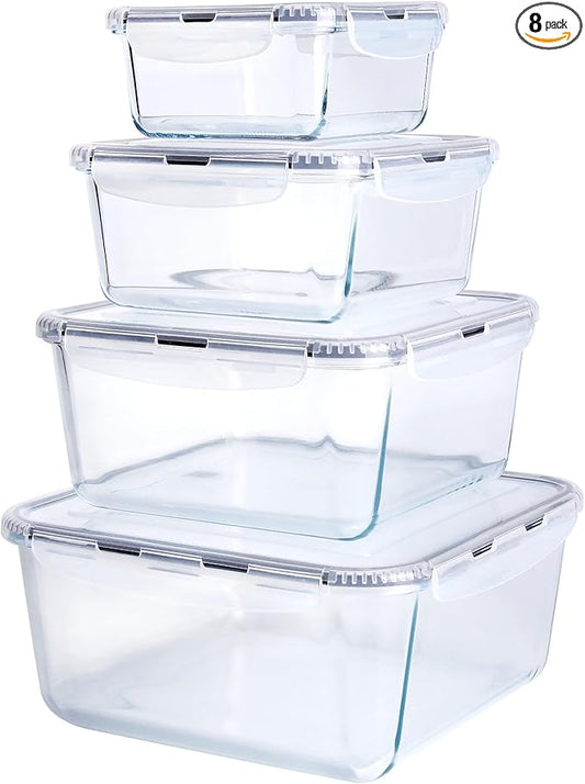 Extra Large Glass Storage Containers with Lids, Set-8-Piece Lunch Containers, Ideal for Storing Food, Vegetables, Fruits, Baking Cake & lot of other Tasty Food (Square)