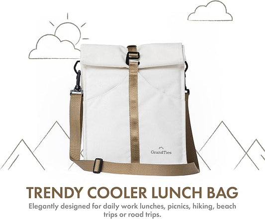 GRANDTIES Insulated Lunch Bag for Women, Men, Adults - Rolltop Leak Proof Meal Prep Lunch Box Containers, Reusable Snack Bags, Travel Cooler, Small Soft Cooler Bag, Fold Top Sandwich Bags, Ivory