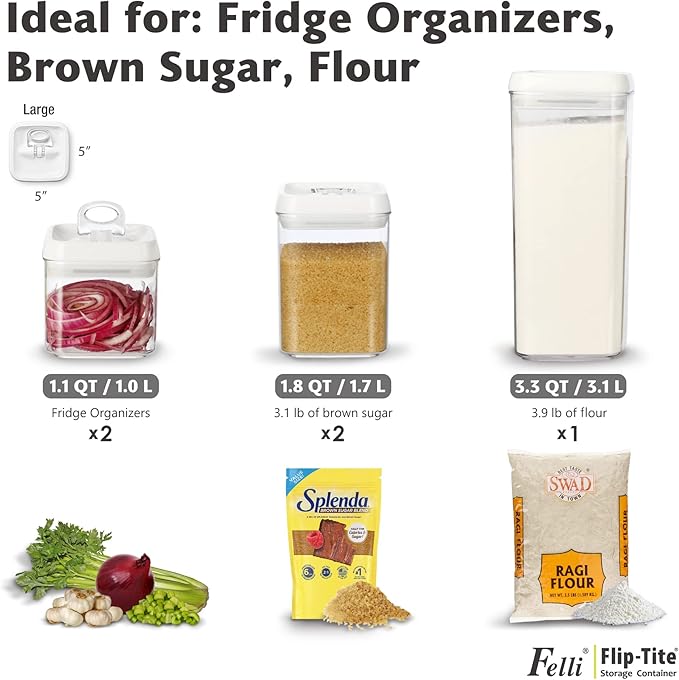 Felli Flip Tite Food Storage Container 5" LARGE 5pk Set + No Residue Label, Airtight Lid Easy Lock Top Stackable, Plastic Canister Jar for Pantry Kitchen Fridge Organizer Pasta Protein Powder Spice