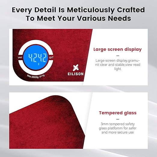 EILISON Smart Kitchen Food Scale with Bluetooth App, High-Precision Digital Food Scale for Baking, Cooking & Diet, 24 Nutrients with Macro Keto Calorie Cooking, Grams, 5g-8000g Capacity (Red)