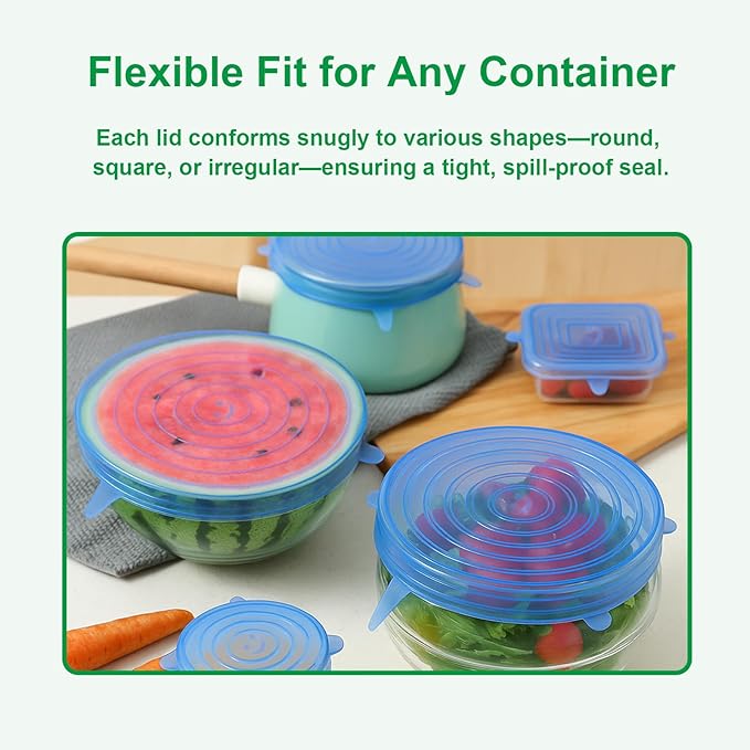 Silicone Stretch Lids – 6 Pack Reusable Food Covers,Flexible Silicone for Bowls, Containers, Fruits – Airtight & Leakproof Seal for Kitchen Storage(blue)