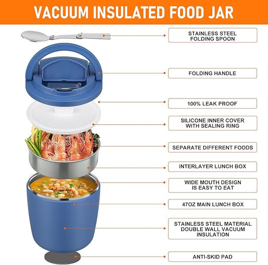 40oz Insulated Lunch Containers for Adults Soup Thermo for Hot Food Jar Wide Mouth Leak Proof Vacuum Stainless Steel Thermal Bento Box with Buckle Lid and Spoon