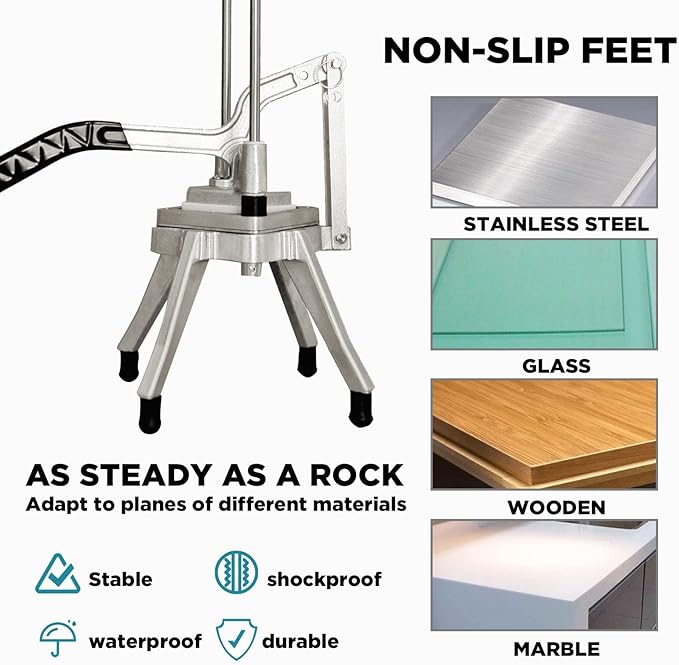Upgrade Stainless Steel Vegetable Cutter: Ideal for potatoes, tomatoes, peppers, mushrooms.3 Replacement Blades (1/4", 3/8", 1/2") for various widths. Doubles cutting efficiency.