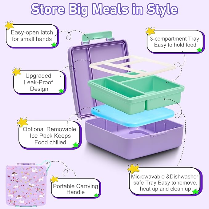 Bento Lunch Box for Kids with 17oz Soup Thermo,Insulated Tumbler Water Bottle and Insulated Lunch Bag,Leak-Proof 3 Compartment Lunch Food Container with with Ice Pack for Kids to School-Horse