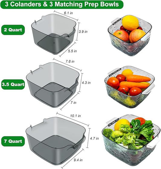 Taiuloo 6-Piece Colander Strainer Bowl Set, BPA-Free Plastic Fruit & Vegetable Washing Basket, Kitchen Colanders & Mixing Bowls for Pasta Berry Salad, 2/3.5/7QT