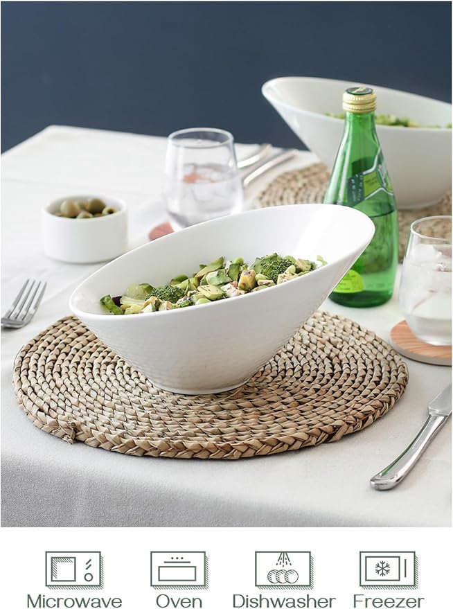 DOWAN 23 OZ Slanted Salad Bowls of 2 Packs - 9.5" Angled Serving Bowls for Salad, Pasta, Fruit, Sauce - Ceramic White Bowls for Restaurant, Daily Use - Dishwasher & Microwave Safe