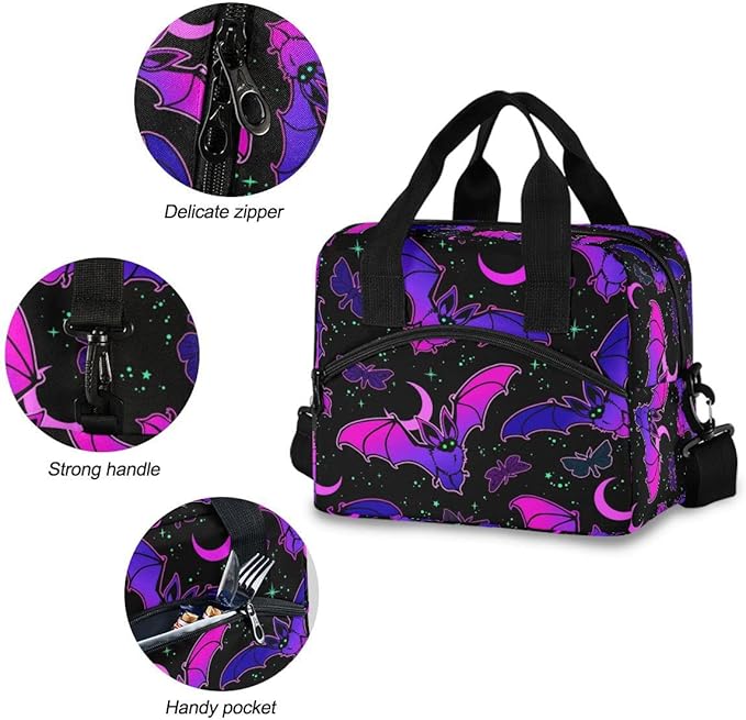 MNSRUU Insulated Lunch Bag - Purple Bat Gothic Lunch Box with Adjustable Shoulder Strap - Reusable, Leakproof Cooler Bag for Work, School