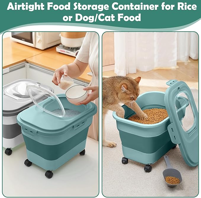 Rice Storage Container, 20Lbs Flour Container, Airtight Large Pet Dog Cat Food Storage Dispenser Bin with Wheels, Scoop & Measuring Cup, Collapsible Kitchen Dry Food Holder for Rice Cereal Kibble