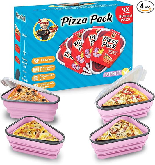 PIZZA PACK The Perfect Reusable Pizza Storage Container with 5 Microwavable Serving Trays - BPA-Free Adjustable Pizza Slice Container to Organize & Save Space, Pink 4 pk