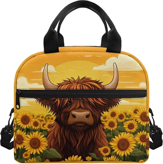 Showudesigns Highland Cow Lunch Box for Girls 8-10 10-12 12-14 Lunch Tote Bag Sunflower Lunchbox Bento Keep Food Cold and Warm for Long Time Picnic Bags Insulated Lunchbags