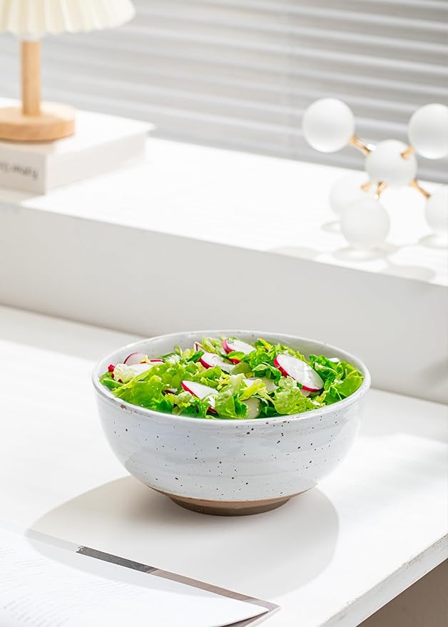 Mixing and Serving Bowl - 9 inch Ceramic Stoneware, Handmade White, Microwave & Dishwasher Safe