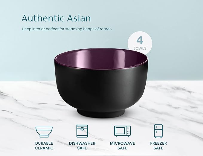 KooK Ramen Bowl, Japanese Bowls, Noodle Bowls, Large Soup Bowl, Ceramic, Large Capacity, For Ramen, Pho, Udon, Soba, Microwave and Dishwasher Safe, 34 oz, Set of 4 (Black/Plum)