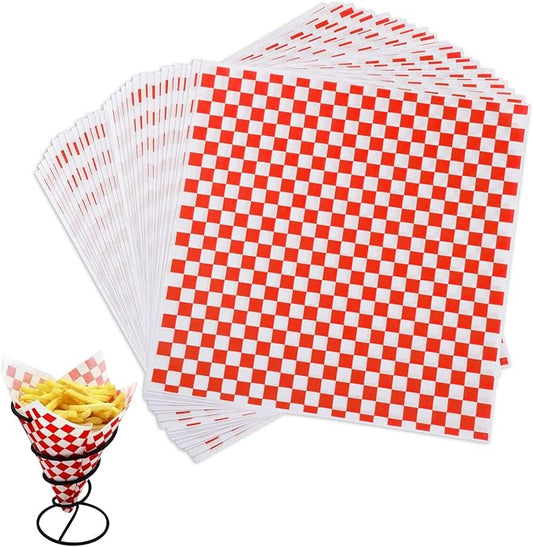GeeRic Waxed Deli Paper Sheets 12 * 12 Inch, 200 Pcs Food Basket Liners for Sandwiches, Burgers, Checkered Deli Wrap Wax Paper Sheets Red