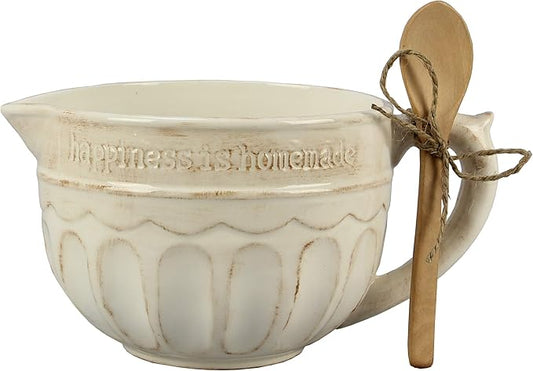 Young's Inc. Ceramic Mixing Bowl with Wooden Spoon, Country Style Ceramic Bowl with Handle and Pour Spout, 8" x 7" x 5", Perfect for Mixing, Whipping, Modern Farmhouse Decor