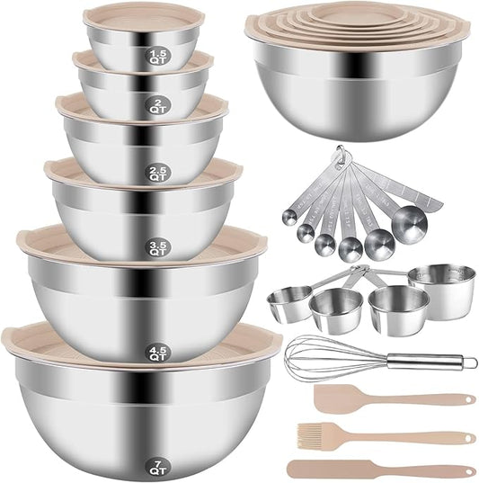 Mixing Bowls Set, 27PCS Khaki Mixing Bowls With Lids Set Stainless Steel Kitchen Large Nesting Metal Bowl 7QT to 1.5QT, Measuring Cups and Spoons for Prepping Cooking Serving