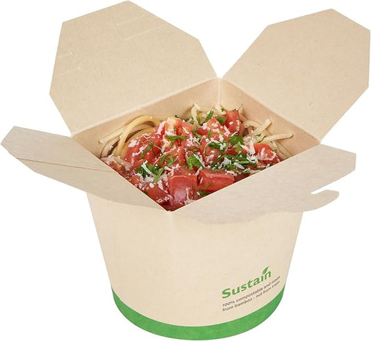 Restaurantware Sustain 26 Ounce Sturdy Paper Take Out Boxes, 200 Disposable Take Out Food Containers - With PLA lining, Compostable, Bamboo Paper Containers, Built-In Tab-Lock Cover, Greaseproof