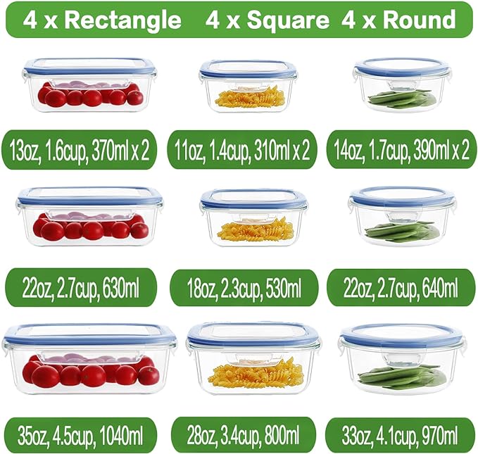 HOMBERKING 24pc Glass Food Storage Containers with Lids, Glass Meal Prep Containers, Airtight Glass Bento Boxes, BPA Free & Leak Proof, Pantry Kitchen Storage(12 lids & 12 Containers) - Deep Blue