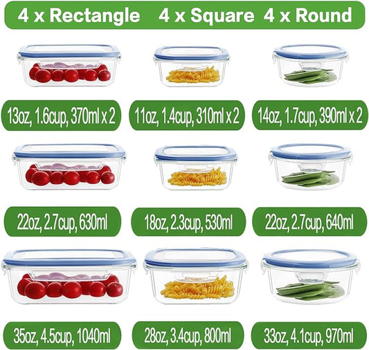 HOMBERKING 24pc Glass Food Storage Containers with Lids, Glass Meal Prep Containers, Airtight Glass Bento Boxes, BPA Free & Leak Proof, Pantry Kitchen Storage(12 lids & 12 Containers) - Deep Blue