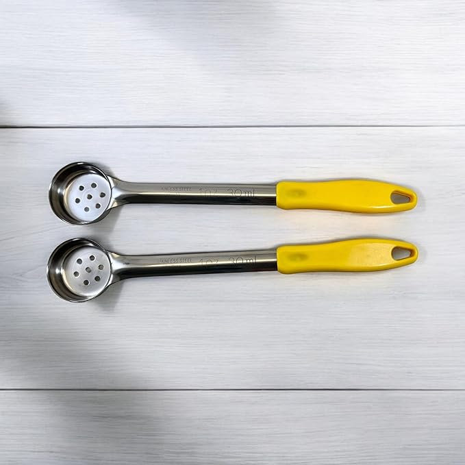 1 Ounce Slotted Stainless Steel Portion Control Ladle Spoon for Measuring and Serving; Commercial Grade Serving Scoops [Pack of 2]