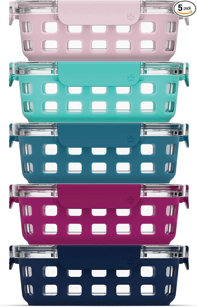 Ello Duraglass 3.4 Cup Meal Prep Sets 10Pc, 5 Pack Set- Glass Food Storage Container with Silicone Sleeve and Airtight BPA-Free Plastic Lids, Dishwasher, Microwave, and Freezer Safe, Evening Orchard