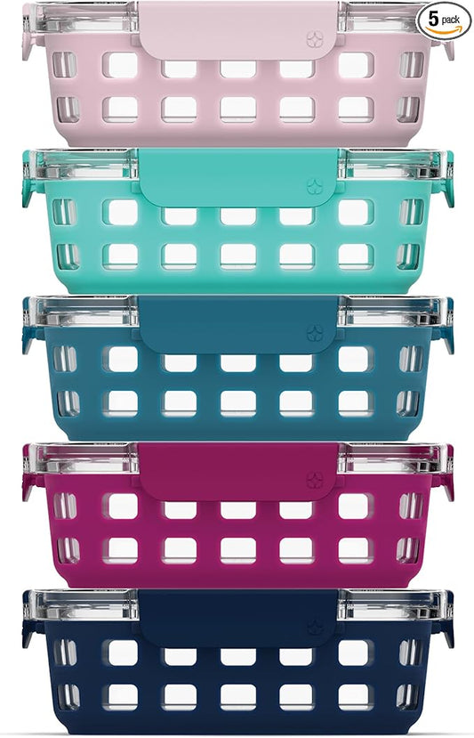 Ello Duraglass 3.4 Cup Meal Prep Sets 10Pc, 5 Pack Set- Glass Food Storage Container with Silicone Sleeve and Airtight BPA-Free Plastic Lids, Dishwasher, Microwave, and Freezer Safe, Evening Orchard