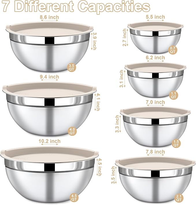 Mixing Bowls with Lids Set, 7 Piece Khaki Nesting Stainless Steel Mixing Bowls for Kitchen, Sizes 4.5, 4, 3.5, 2.1, 1.5, 1.1, 0.7 Qt for Baking, Cooking and Serving, Dishwasher Safe