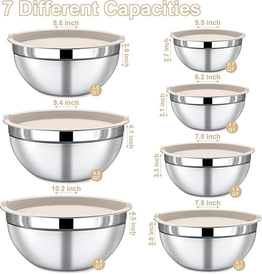Mixing Bowls with Lids Set, 7 Piece Khaki Nesting Stainless Steel Mixing Bowls for Kitchen, Sizes 4.5, 4, 3.5, 2.1, 1.5, 1.1, 0.7 Qt for Baking, Cooking and Serving, Dishwasher Safe