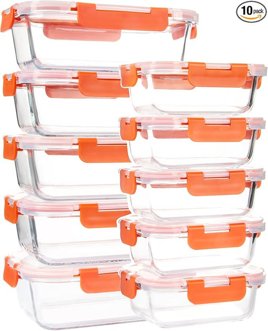 10 Pack Glass Food Storage Containers with Airtight Lids, Ideal for Meal Prep, Lunches - Microwave and Dishwasher Safe, Orange